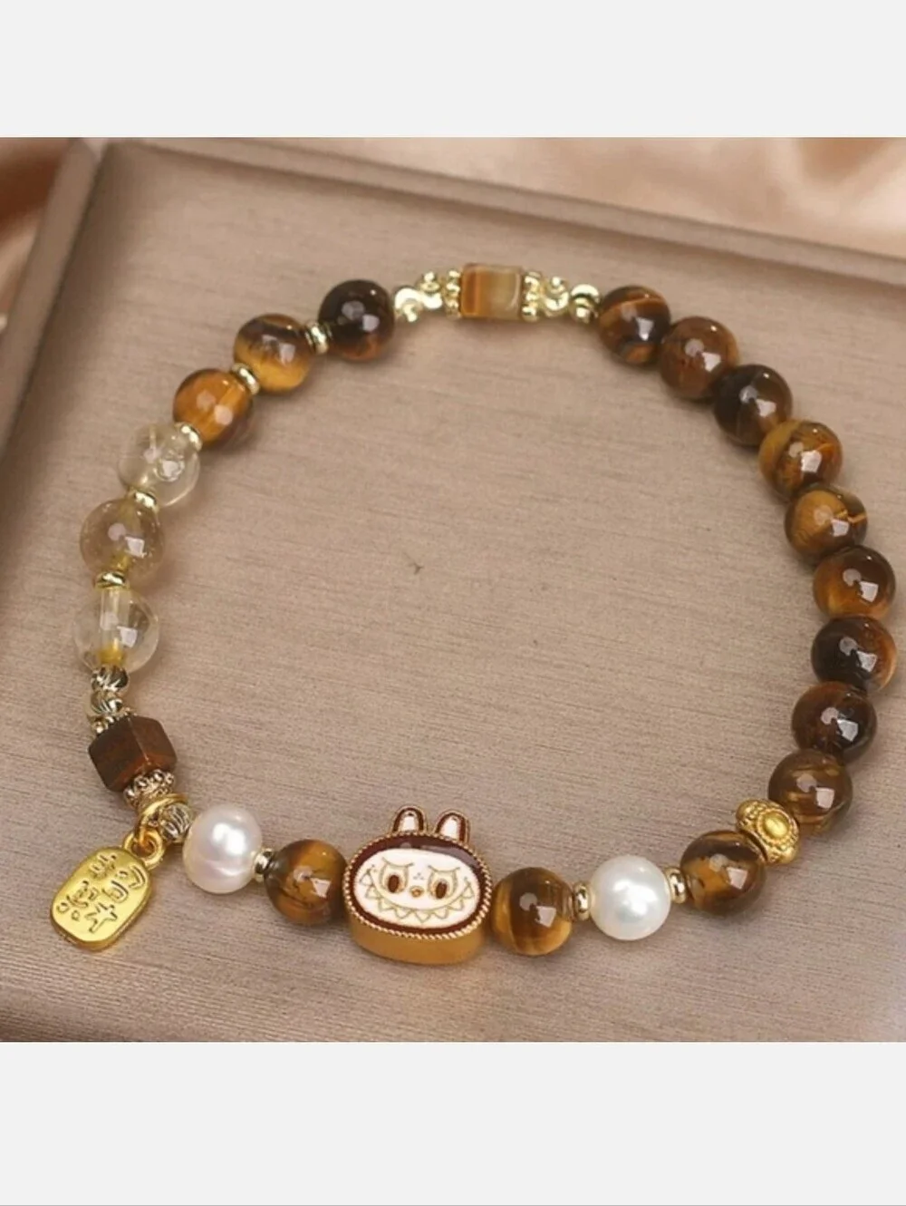 Labubu Tiger Eye Pearl Beaded Charm Bracelet Gold Tone Stretch Bracelet